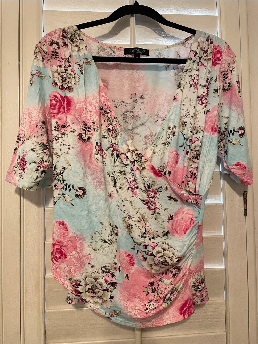Karen Kane Pastel Floral Wrap Blouse in Pink & Light Blue